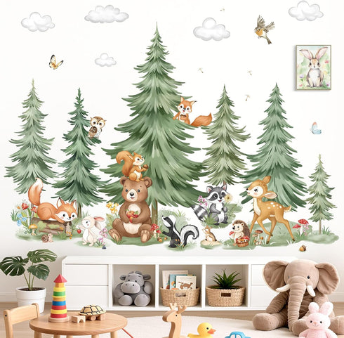 decalmile Mountain Tree Woodland Wall Decals Large Pine Tree Forest Animal Bear Deer Fox Wall Stickers Kids Room Baby