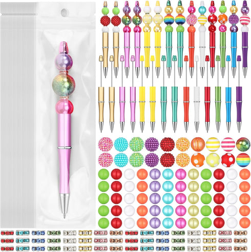 Cholemy 24 Sets Plastic Beadable Pens, Assorted Bead Pens with Multicolor Bubblegum and Crystal Spacer Beads