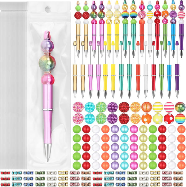 Cholemy 24 Sets Plastic Beadable Pens, Assorted Bead Pens with Multicolor Bubblegum and Crystal Spacer Beads