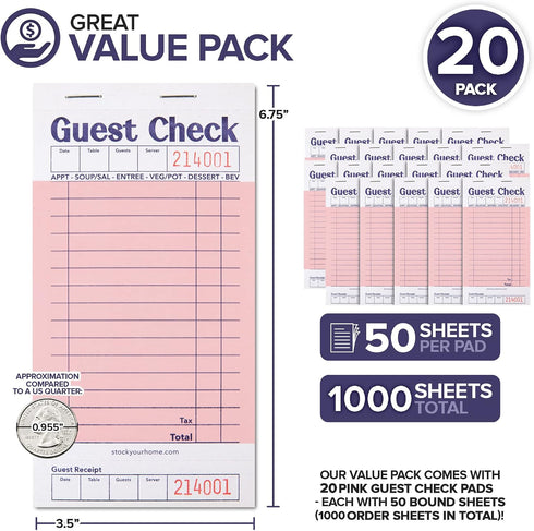 (20 Pack) 1000 Stock Your Home Pink Guest Check Books for Servers Server Note Pads, Waiter Checkbook, Food Receipt