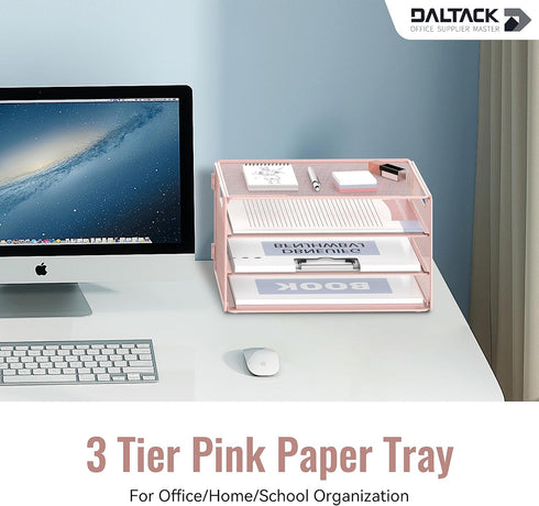 DALTACK 3 Tier Letter Tray Paper Organizer with Handle, Mesh Desk File Organizer, Paper Tray Desk Organizer for School Office Home, Metal Mesh, Pink