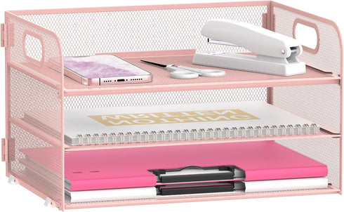 Daltack 3-Tier Paper Organizer - Mesh Desk Letter Tray with Handle for A4 File Folder, Pink