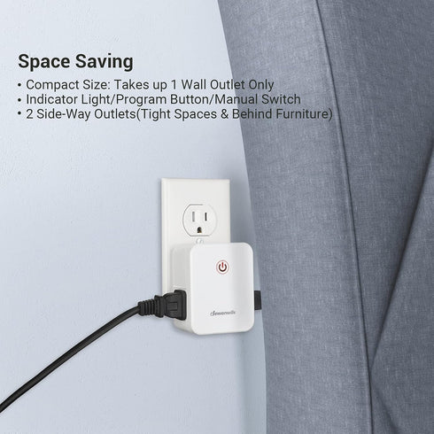 DEWENWILS Indoor Remote Control Outlet, Wireless Remote Light Switch with 2 Side Outlets, No Interference Remote Outlet Switch, No Wiring, 15A/1875W, 100ft RF Range, Compact Design, Programmable