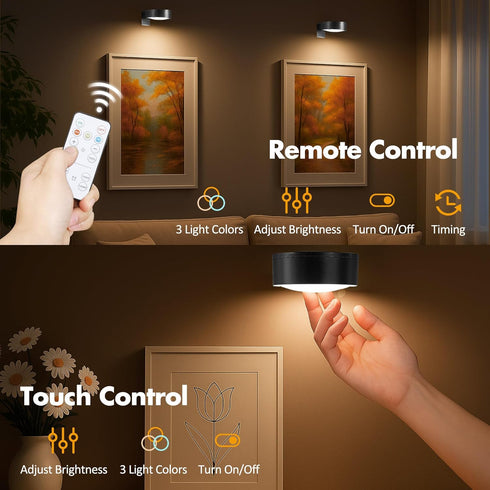 Kandicyar 6Pcs Dimmable 3 Picture Lights for Wall Battery Operated, Magnetic Led Painting Light with Remote and Timer