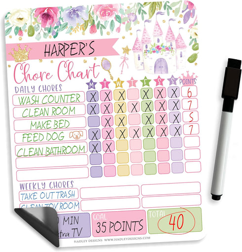 Magnetic Chore Chart for Kids - Good Behavior Chart, Dry Erase Daily Weekly Responsibility List, Princess Board