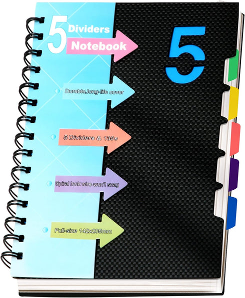 CAGIE 5 Subject Notebook with Dividers, 220 Pages, A5 Spiral Bound, Wide Ruled, Black