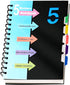 CAGIE 5 Subject Notebook with Dividers, 220 Pages, A5 Spiral Bound, Wide Ruled, Black