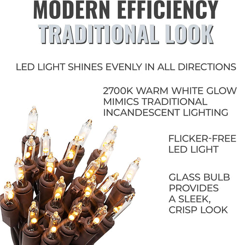 612 20 4.75 6.1 (Pack 2) Vermont Clear LED Christmas String Lights on Brown Wire Cord, UL Approved, Indoor and Outdoor