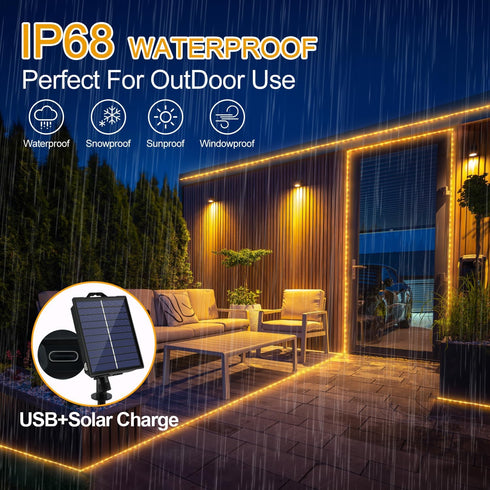 50ft 600 20 Dimmable IP68 OMIKA LEDs Solar Rope Lights, USB Charging, Lighting Modes, Timer Remote Control, Waterproof