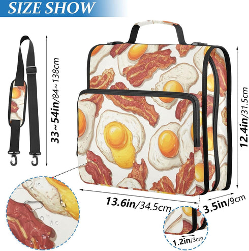 Fisyme 3 Fried Bacon Eggs Zipper Binder Ring with Zipper and Shoulder Strap Large Capacity Multi-Pocket Binder