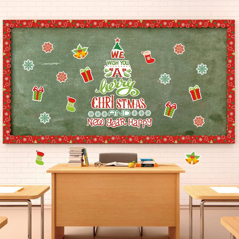 Whaline 105Pcs Christmas Bulletin Board Decoration Kit with Xmas Tree Snowflake Paper Cutouts and Border Stickers