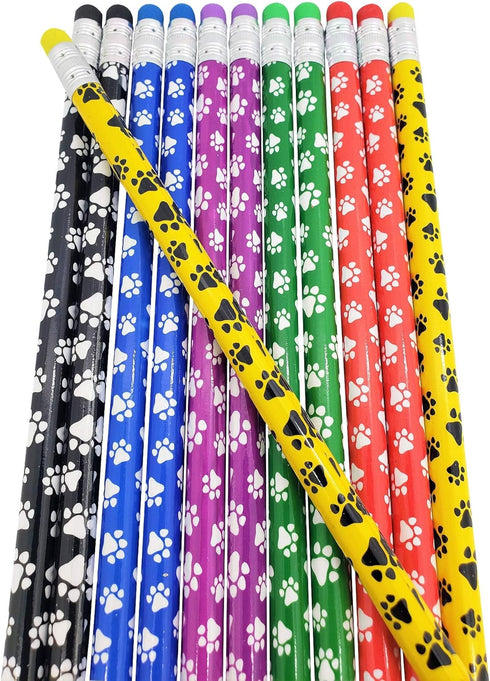 Paw Print on Colorful #2 LEAD Pencils, Wooden with Colorful Eraser on Top (48 Pack) Bulk