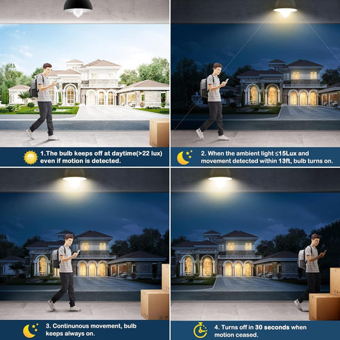 Motion Sensor Light Bulbs, 2 Pack, 9W (60W Equivalent) E26, 3000K Warm White, Indoor Outdoor Security Bulb