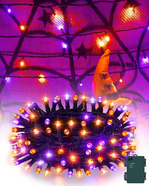 Kelumi Halloween String Lights Battery Operated, Orange and Purple Fairy Lights with Timer
