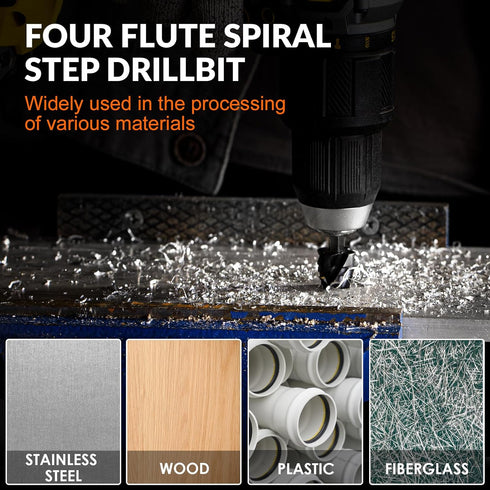 THINKWORK 3 Pcs Spiral Flute Step Drill Bit Set, HSS Step Bits (1/8"-7/8") with Tool Box, 1/4" Shank