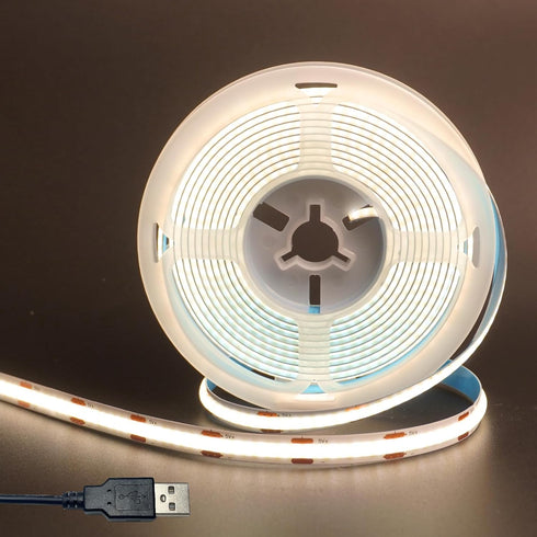 5V 8mm Width USB COB LED Strip Lights,Natural White 4000K,320LEDs/M,8W/M,CRI90,3.28FT/ 1M,Electroplated Double-Sided
