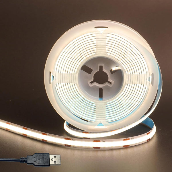 5V 8mm Width USB COB LED Strip Lights,Natural White 4000K,320LEDs/M,8W/M,CRI90,3.28FT/ 1M,Electroplated Double-Sided