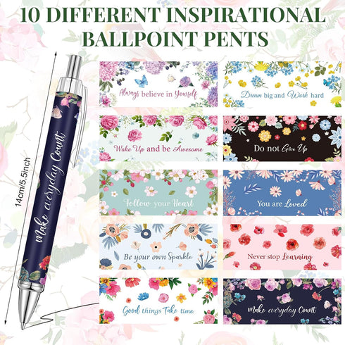 Yeaqee 50 Pcs Black Ink Ballpoint Pens, Inspirational Motivational Quotes Stylus Tip Pens for Women Students, 5.5 Inch