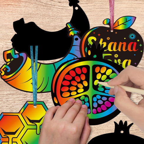 Qpout 28 Packs Rosh Hashanah Greeting Cards,Magic Rainbow Scratch Off Cards,Shana Tova Scratch Paper Art Hanging Craft