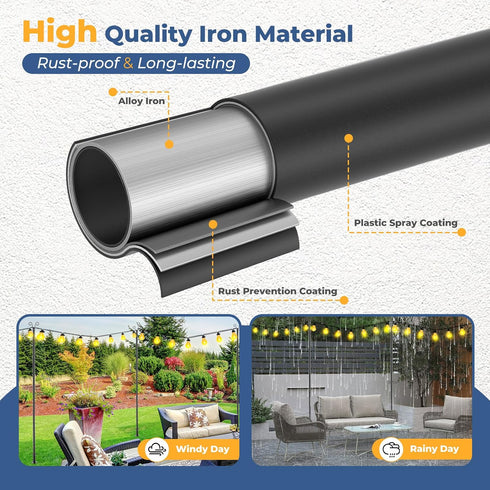 10 (1 Pack) FT String Light Poles Heavy Duty - Outdoor Patio Deck Light Poles for Outside with Anchor Base and Mounting