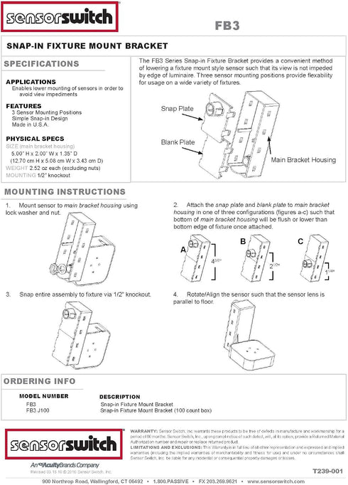 FB3 Sensor Switch Snap In Fixture Bracket for Occupancy Sensors