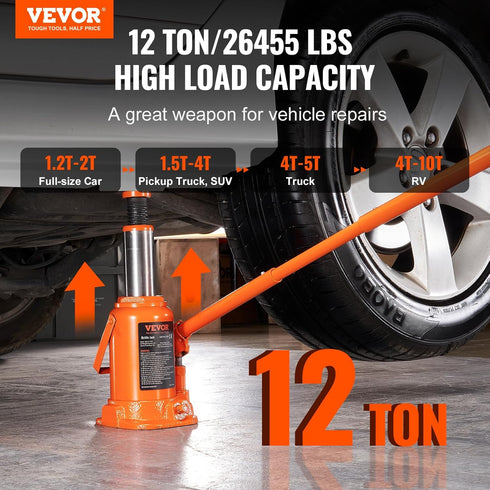 VEVOR 12 Ton Hydraulic Bottle Jack, 26455 LBS, 7.5-14 inch Lifting Range, 3-Section Long Handle for Truck, Car, RV,