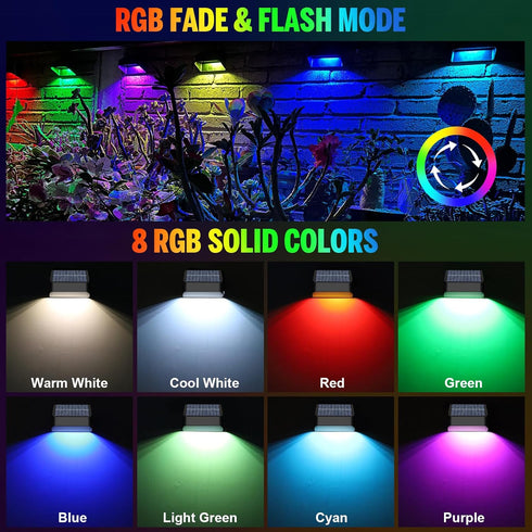 Wall(8 Pack,Black) Yivsen Solar Fence Lights, Warm White & RGB Fence Lights Outdoor Step Lights Outdoor Waterproof LED