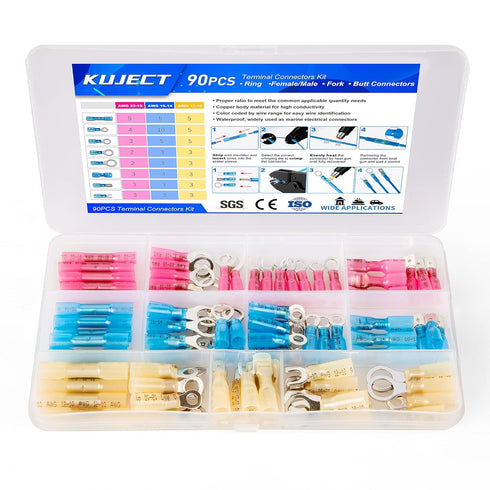 Kuject 90PCS Heat Shrink Wire Connectors Waterproof Electrical Terminals Kit, Insulated Crimp Connectors for Automotive