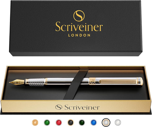 Scriveiner Silver Chrome Fountain Pen - Stunning Luxury Pen with Real Gold Finish, Schmidt Gilded Nib (Fine), Best Gift