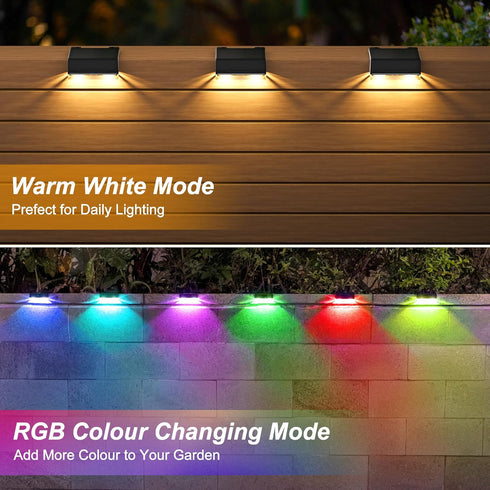 8 IP65 4 Pack Ellasay Solar Fence Lights Outdoor: Lighting Modes with RGB Solar Powered Deck Light - Waterproof - Wall
