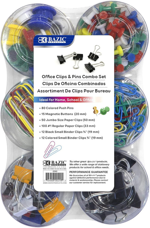 BAZIC Push Pin Tacks, Binder Clip, Magnetic Button Set, Large & Small Paper Clips, 269 Pcs/Pack