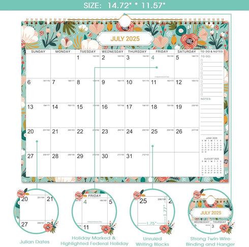 Calendar 2026 - 18 Months Wall Calendar from July 2025 to December 2026, 14.8" x 11.4" with Julian Date