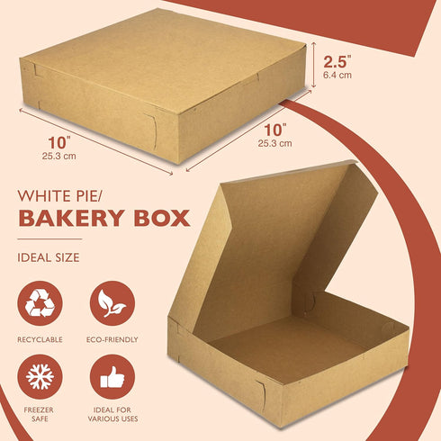 Fit Meal Prep [10 Pack Pie Boxes 10x10x2.5 Kraft Square Bakery Boxes for Cookies, Cake, Cheesecake, Chocolate Covered Strawberries, Dessert, Pastry, Cardboard Sweet Boxes for Treats
