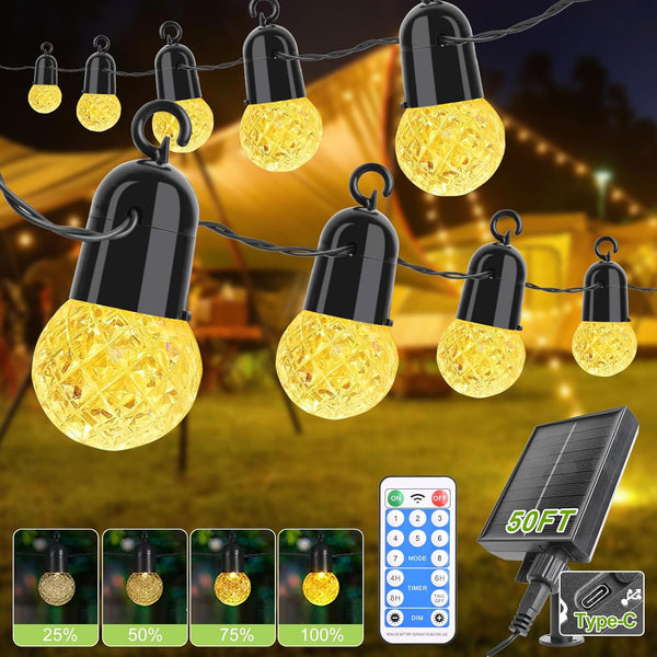 AGELCK 50FT Solar String Lights Outdoor Waterproof w/Remote, 25 Dimmable G40 LED Shatterproof