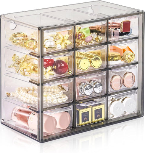 Desk Storage Organizer with 12 Mini Drawers - Clear Desktop Craft Drawer Cabinet for Makeup and Office Supplies