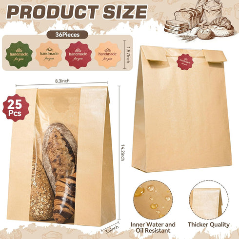 IMagicoo 25 (25, 14.2"x8.3"x3.6") Pcs Bread Bags for Homemade Bread, Paper Sourdough Bags with window, Large Bakery