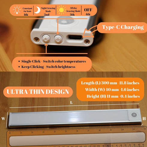 Tweegy 54 11.8 inches Dimmable Closet Under Cabinet Lights, LED Rechargeable Battery Operated Motion Sensor Light