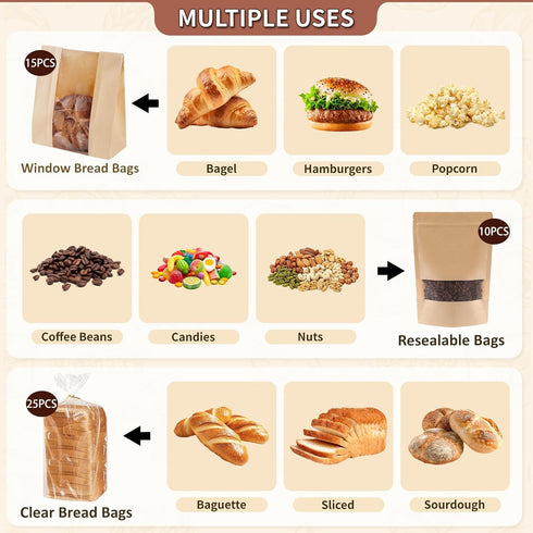 Bpole 3-in-1 50pcs Bread Loaf Bags for Homemade Bread - Bakery Paper Plastic Bags for Homemade Sourdough Bread