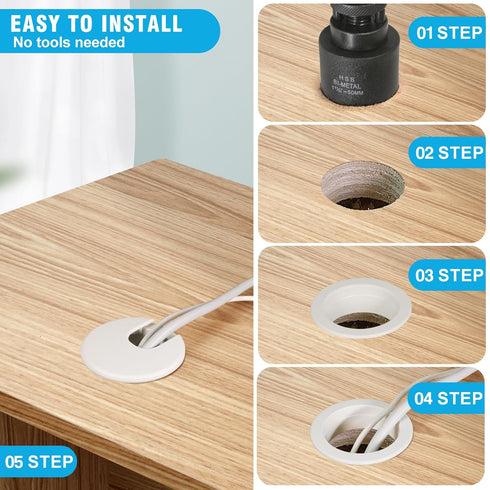 2" White Desk Grommet with Bi-Metal Hole Saw, Plastic Cable Hole Cover for Desktop Cord Management, 7 Pieces