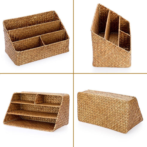 BTSKY Woven Storage Basket, Natural Seagrass Vertical Wicker Storage Baskets with 4 Compartments for Home Office