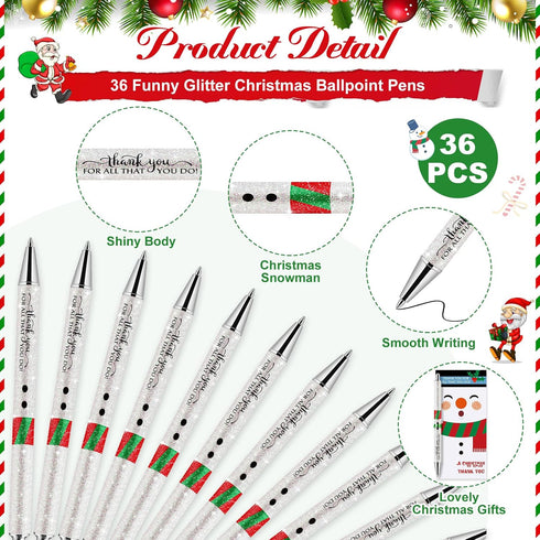 Sayglossy 36 Sets Glitter Christmas Pens Gifts Bulk Christmas Employee Appreciation Gifts Ballpoint Pens with Thank You
