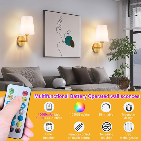 Set 2, 10000mAh Dimmable Battery Operated Wall Sconces of Rechargeable Wall Lights with Remote, RGB LED Sconce Lighting