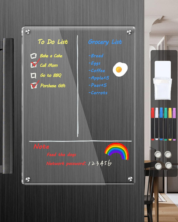 Clear Acrylic Magnetic Dry Erase Board for Fridge, 12"x8" Magnetic Weekly Planner Calendar with 6 Colors Markers
