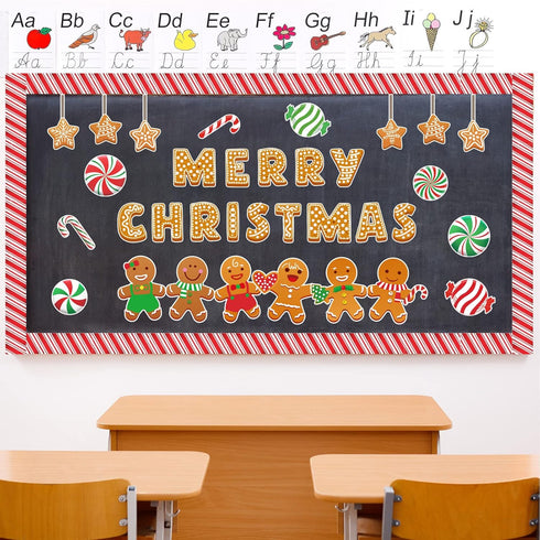 Whaline 76Pcs Merry Christmas Classroom Decoration Kit, Gingerbread Candy Cane Cutouts with Red White Stripes Border