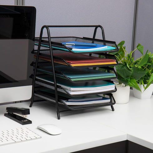 Mind Reader 5-Tier Paper Tray, Set of 2, Black Metal Mesh Desktop Organizer, File Storage, 11.75" L x 14" W x 14.5" H