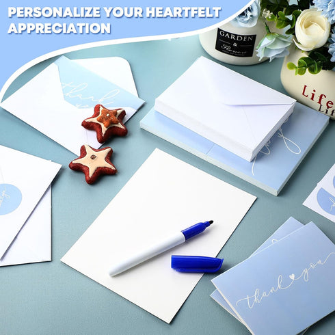 Supervitae 100 Pack 3.5 5 Inch Light Blue Thank You Cards Bulk with Envelopes and Stickers x Thank You Cards for Baby
