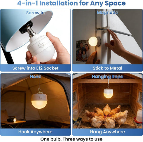 E12 Bulbs 10W 900lm 3-in-1 3500mAh 60W Bulbs 4 Pack Rechargeable Light with Remote, Battery Operated Emergency