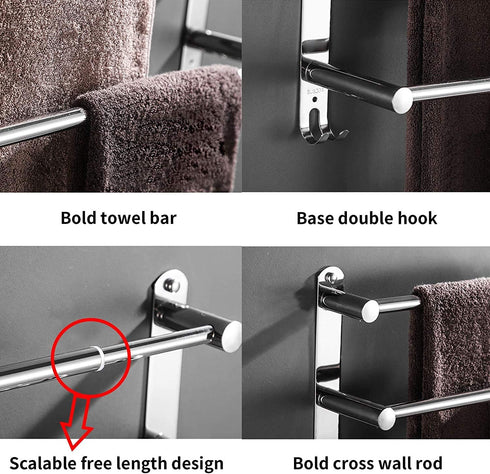 lanliebao 20-30 Inche 304 3M 2-Tier Towel Bars Retractable Stainless Steel Bath Towel Rack Strong Adhesive Bathroom
