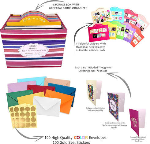 Janvale 100 Set 5 7 inch All Occasion Cards Assortment Box with Color EnvelopesAll Occasion Cards with Greeting Inside