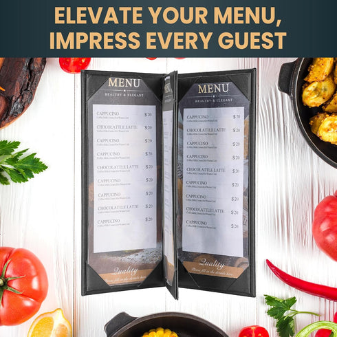 6 Pack 4 4.25" 11" View Menu Holder Menu Covers x | Black PU Leather Menu Sleeves Book Style for Restaurant Coffee Bars
